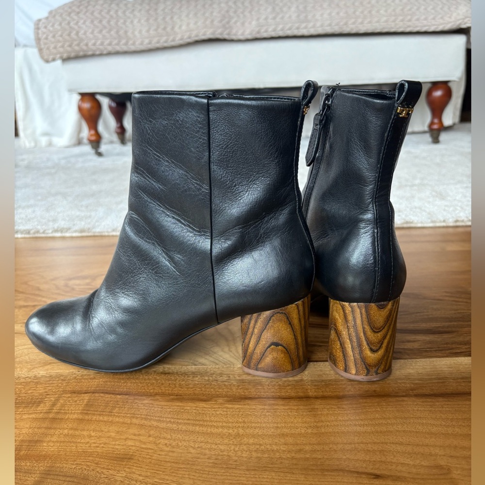 Black Leather Ankle Boots with Wooden Heel